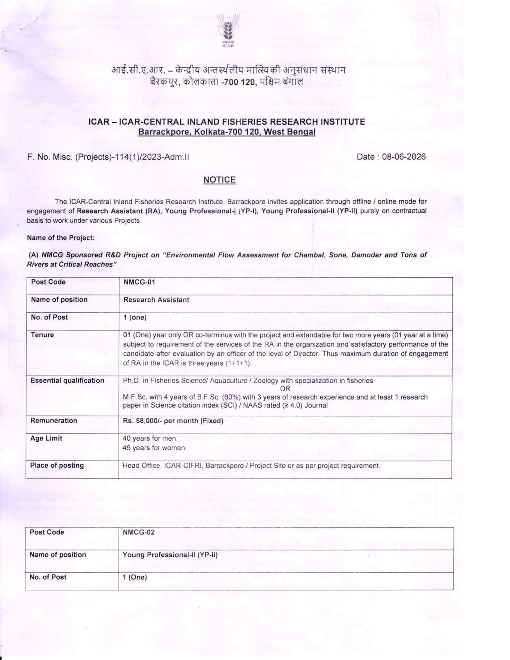 ICAR-CIFRI Research Institution Recruitment