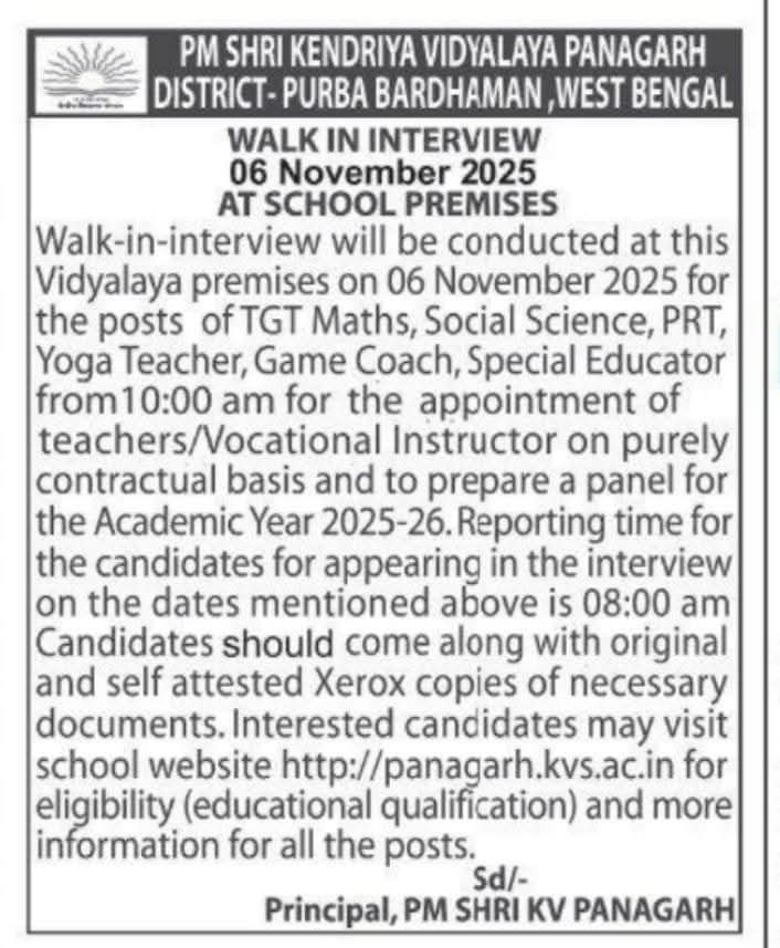 Walk in interview at Panagarh kendriya vidyalaya