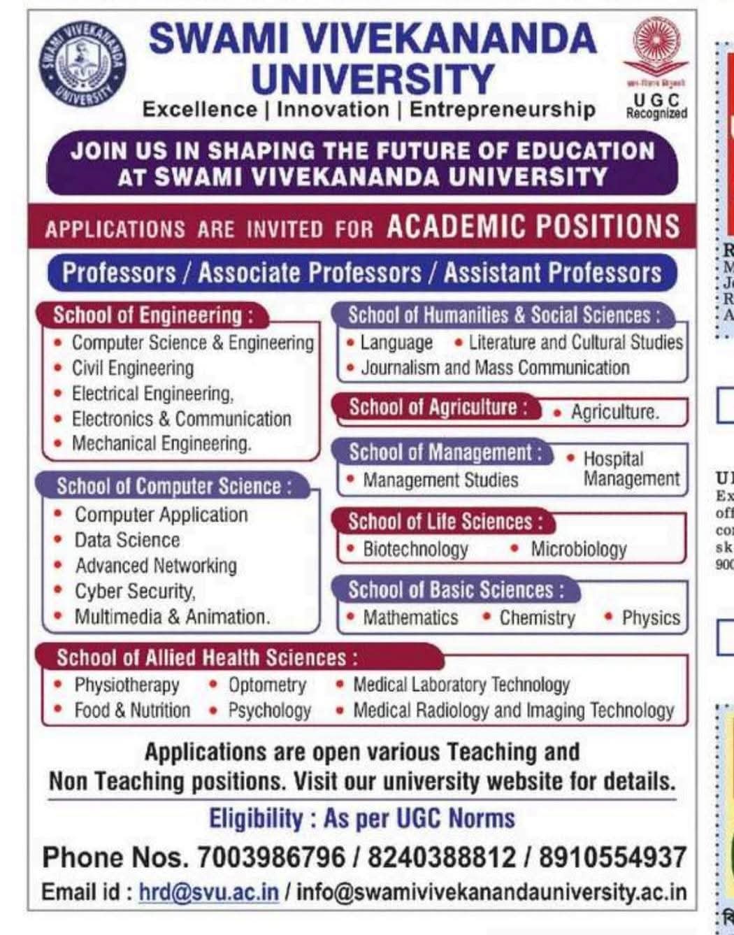 Recruitment for the post of Professors/Associate Professors/Assistant Professor in Swami Vivekanand University.
