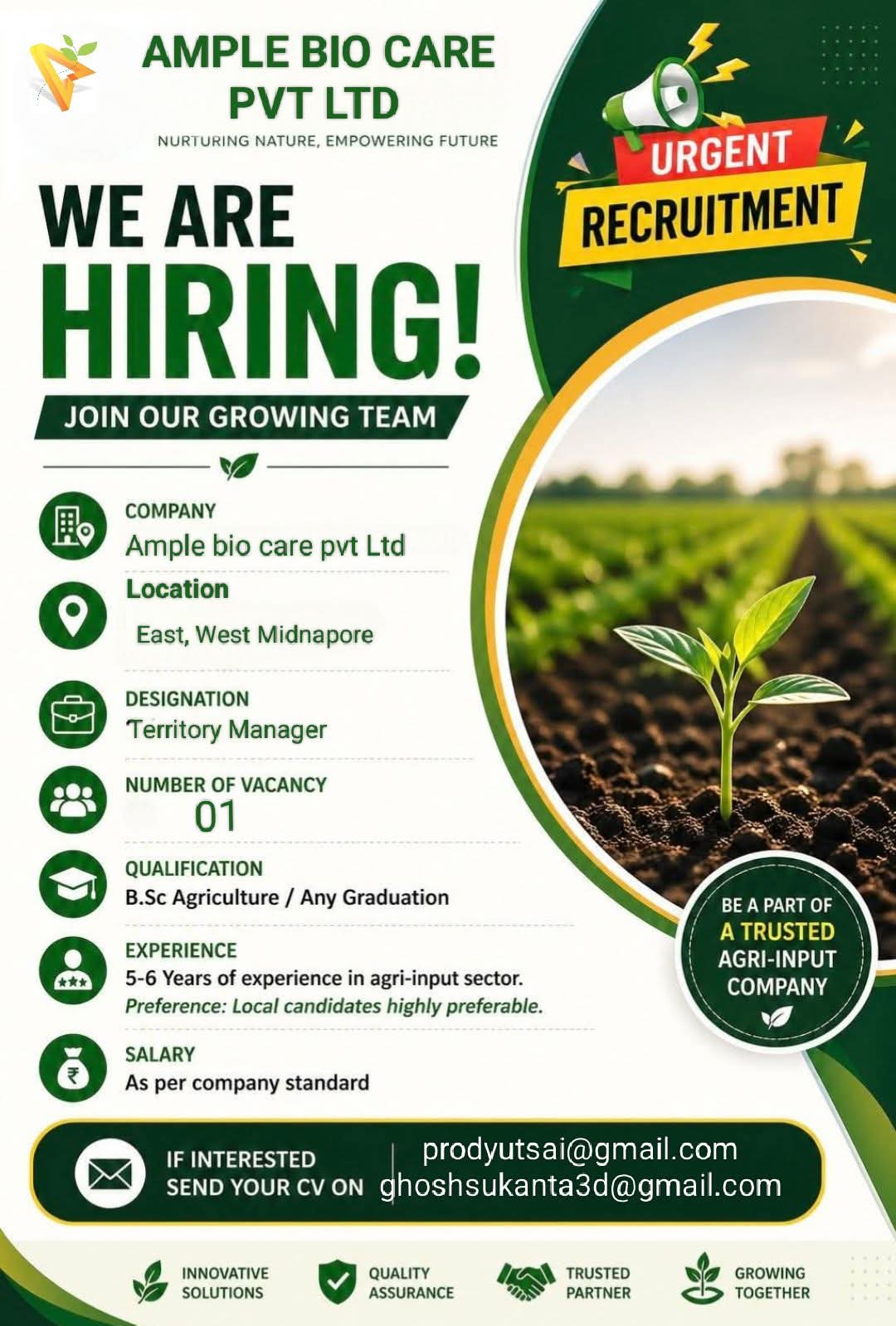 Recruitment for any graduate or B.Sc in Agriculture