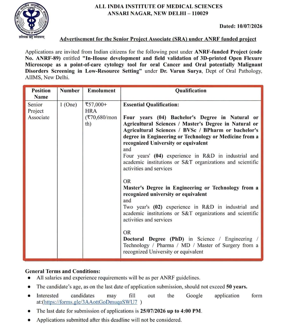 Advertisement for the Senior Project Associate (SRA) under ANRF funded project
