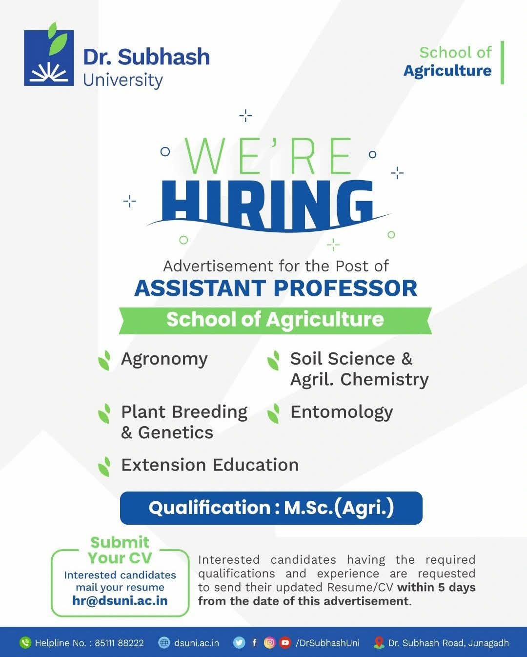 Recruitment of assistant professor in agriculture