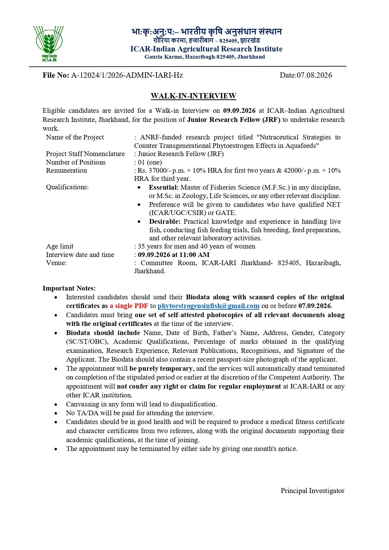 JRF FOR MFSC STUDENT