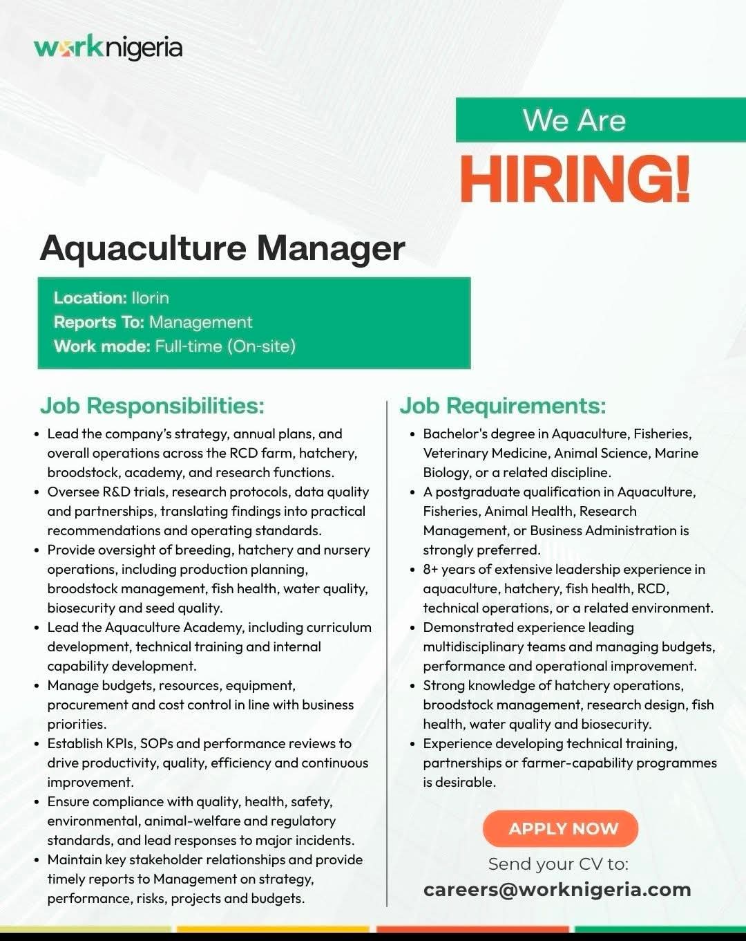 Recruitment of Aquaculture Manager